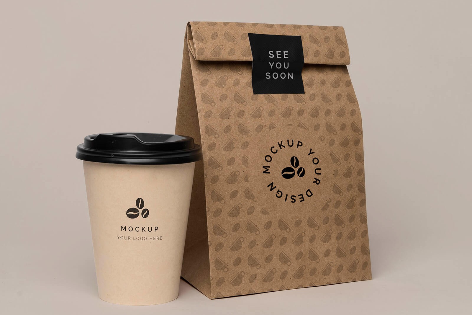 Free Kraft Paper Bag With Coffee Cup Mockup PSD File