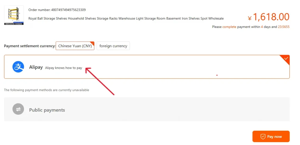 Metode pembayaran 1688 yang bisa digunakan yaitu Alipay (支付宝)
